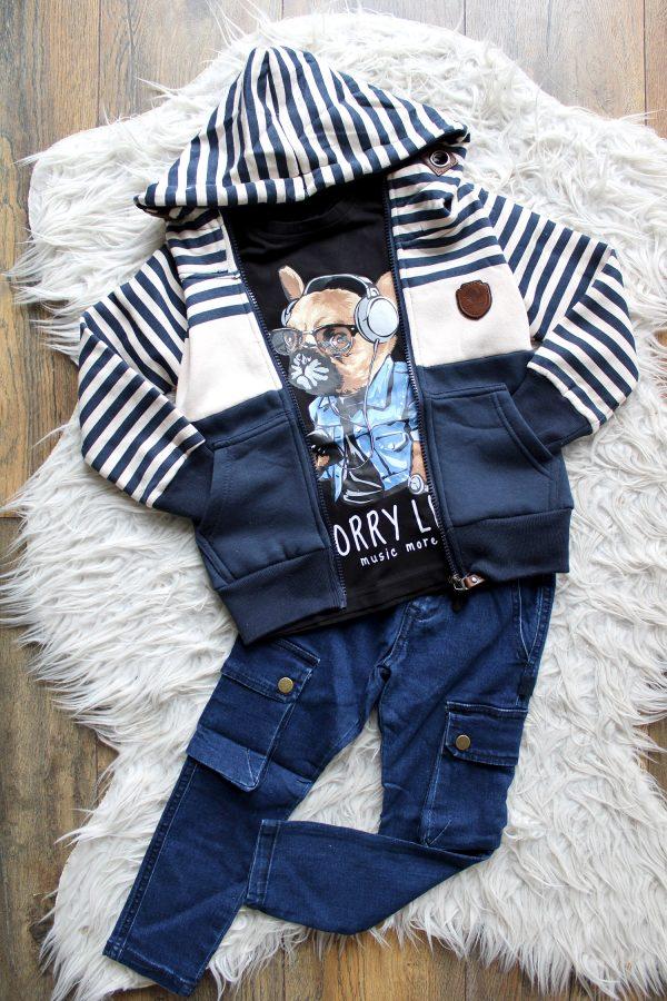 Vestje bluestripe, Shirtje Worry less zwart, Broekje Jeans Cargo blauw