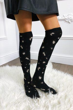 Knee soks leopard zwart