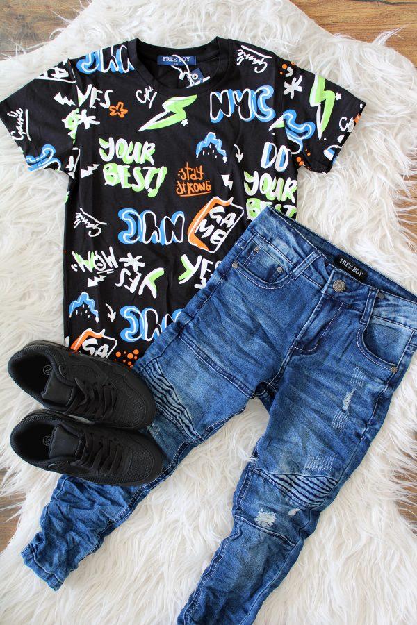 Set sneakers cool zwart + shirtje special zwart + broekje jeans denim blauw