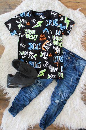 Set sneakers cool zwart + shirtje special zwart + broekje jeans denim blauw