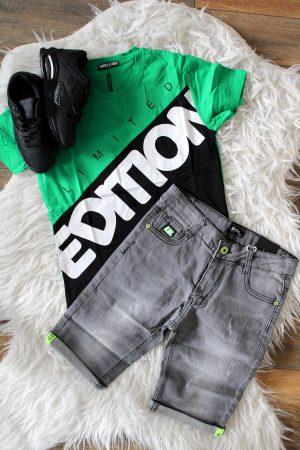shirtje limited edition groen, sneakers cool zwart, broekje boys denim grijs