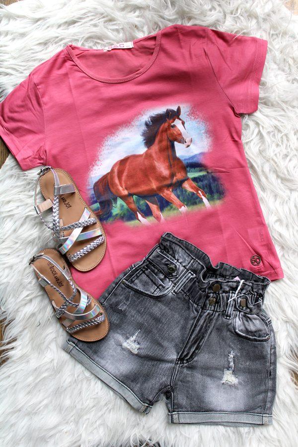 Shirtje paard roze, broekje girls denim grijs, sandalen gevlochten zilver