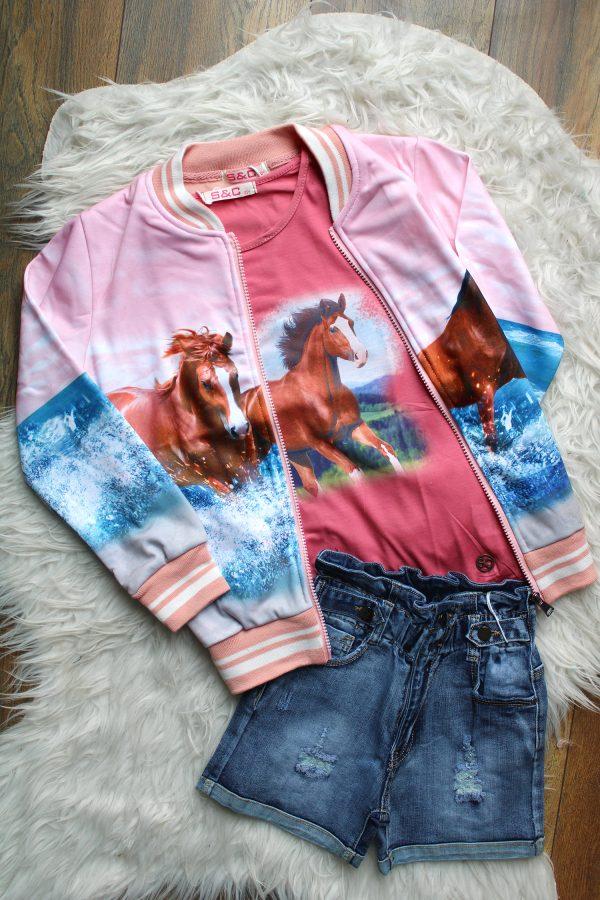 Shirtje paard roze, broekje girls denim blauw, bombervestje paard roze