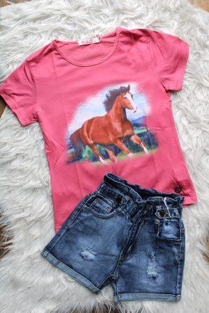 Shirtje paard roze, broekje girls denim blauw