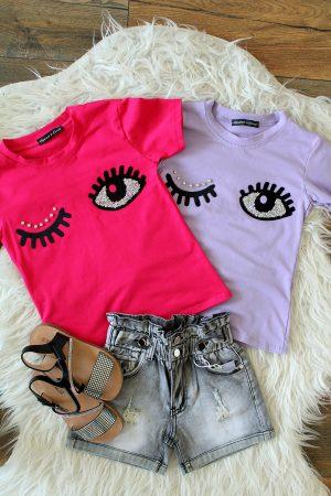 Shirtje knipoog paars, shirtje knipoog roze, broekje girls denim grijs, sandalen rock&roll zwart