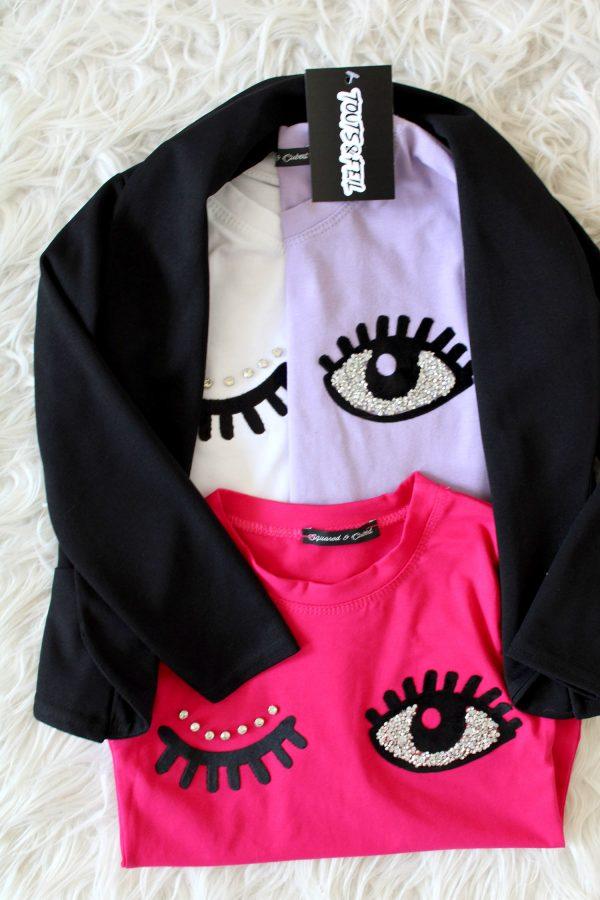 Shirtje knipoog wit, shirtje knipoog paars, blazer dark zwart, shirtje knipoog roze