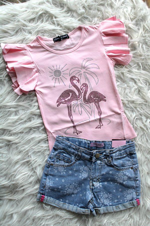 Shirtje flamingo roze, broekje flowers denim blauw