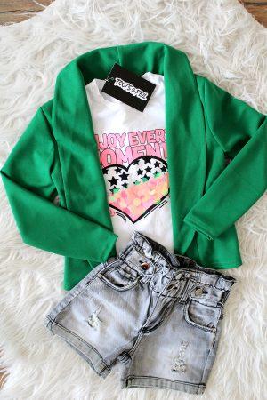 blazer funkie groen, shirtje good girl wit, broekje girls denim grijs