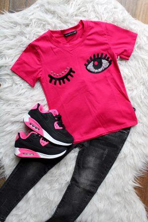 shirtje knipoog roze, sneakers chica zwart roze, Broekje denim asym zwart