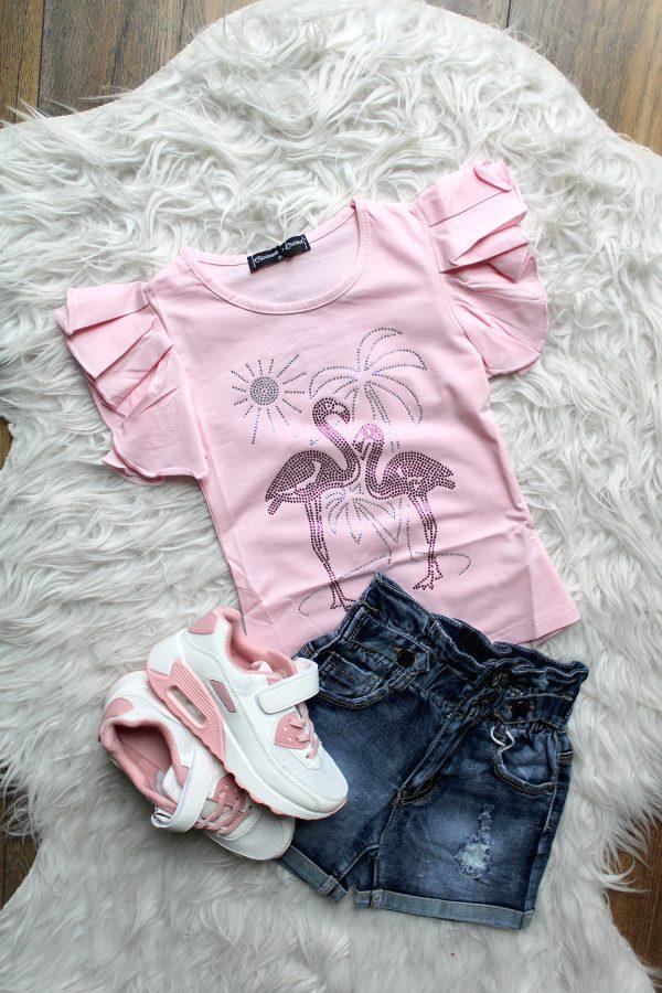 shirtje flamingo roze, broekje girls denim blauw, sneakers chichy wit