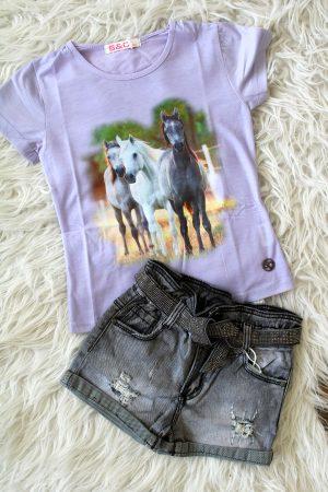 broekje girls denim glitter grijs, Shirtje Paardjes lila