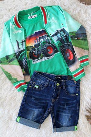shirtje tractor zon groen, broekje boys denim blauw, bombervestje tractor groen