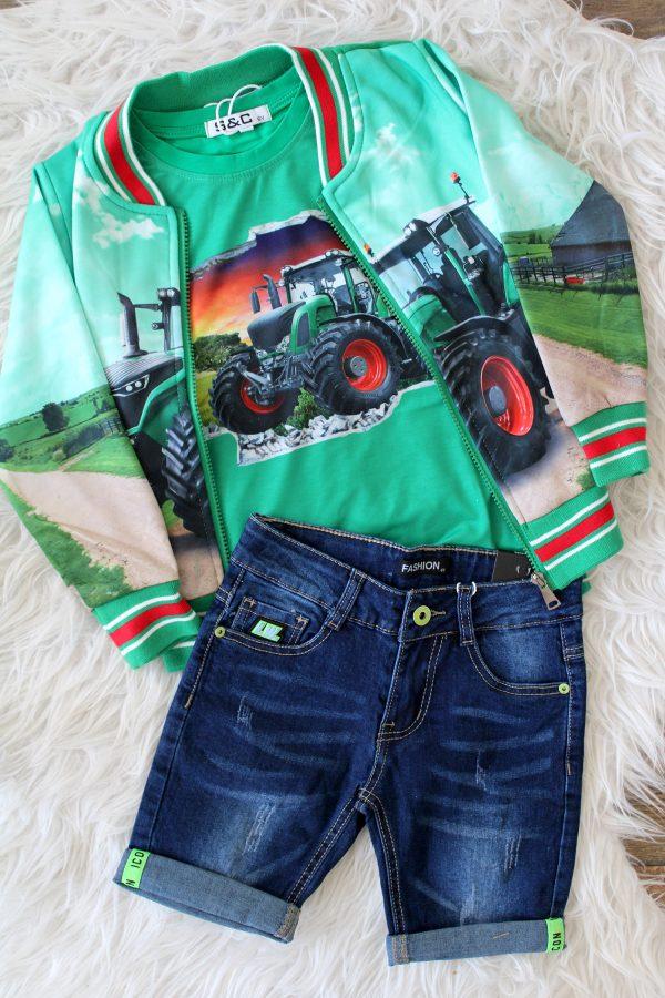 shirtje tractor zon groen, broekje boys denim blauw, bombervestje tractor groen