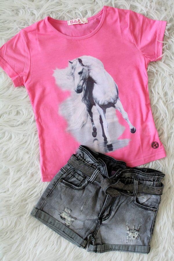 Shirtje Focuspaard roze, broekje girls denim glitter grijs
