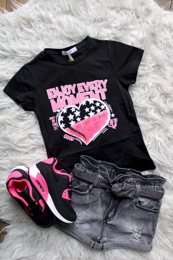 sneakers chica zwart roze, broekje girls denim glitter grijs, Shirtje Good Girl zwart