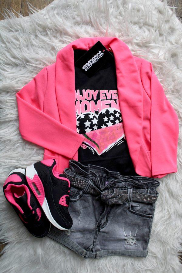 sneakers chica zwart roze, broekje girls denim glitter grijs, Shirtje Good Girl zwart, blazer pink flash