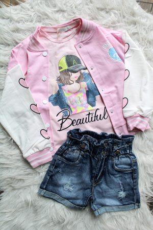 bombervestje good vibes roze, shirtje girl roze, broekje girls denim blauw