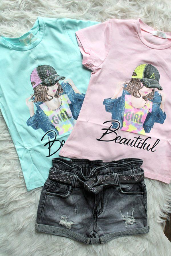 shirtje girl blauw, shirtje girl roze, broekje girls denim glitter grijs