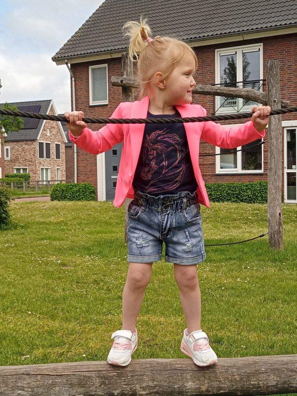 Shirtje prachtpony blauw, blazer pink flash, broekje girls denim blauw