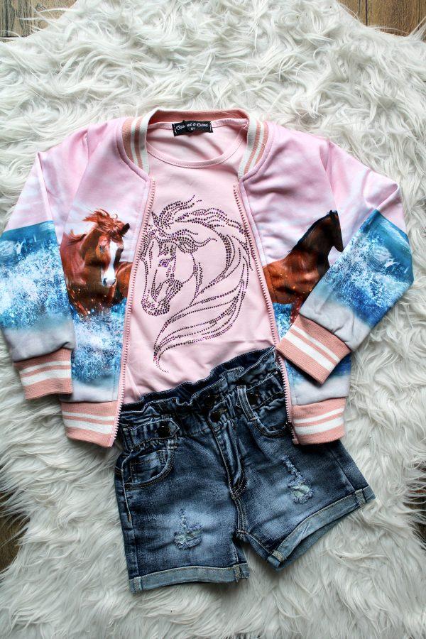 Shirtje Prachtpony roze, bombervestje paard roze, broekje girls denim blauw