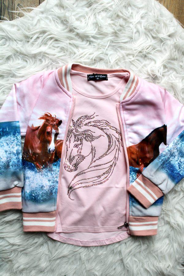 Shirtje Prachtpony roze, bombervestje paard roze, broekje girls denim blauw