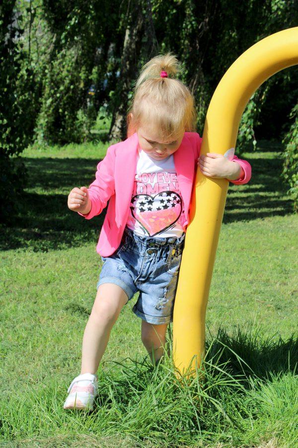 shirtje good girl wit, blazer pink flash, broekje girls denim blauw