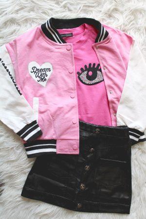 Shirtje Knipoog pink, bombervestje magical roze, rokje leatherlook cool zwart
