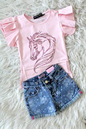 shirtje prachtpony roze, Broekje Flowers denim blauw