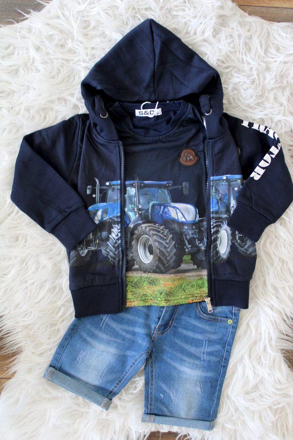 Vestje blue tractor blauw, shirtje tractor new holland blauw, broekje chico denim blauw
