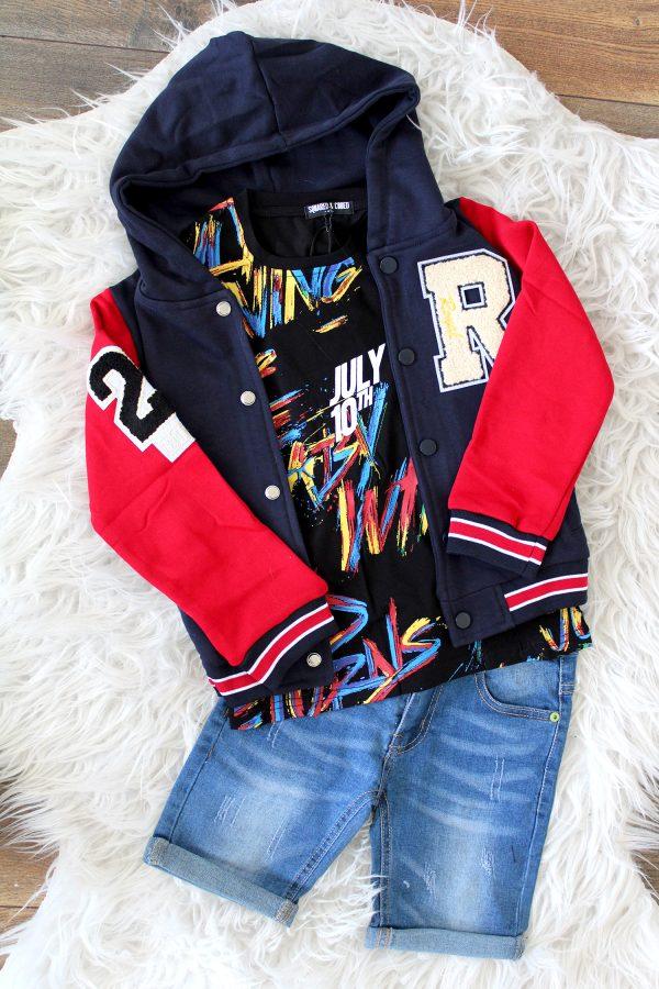 Bombervestje cool blauw, shirtje coloury zwart, Broekje Chico denim blauw
