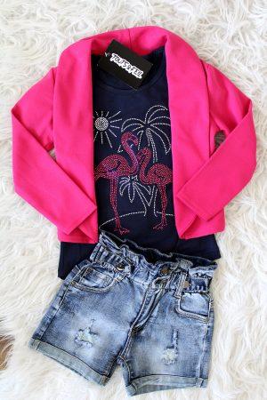 blazer fuchsia glow, shirtje flamingo blauw, broekje girls denim blauw