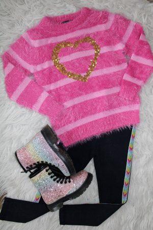 Sweater Blue Seven hartje roze, boots rainbow glitter, tregging rainbow