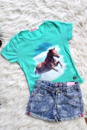 shirtje paard groen, broekje flowers denim blauw