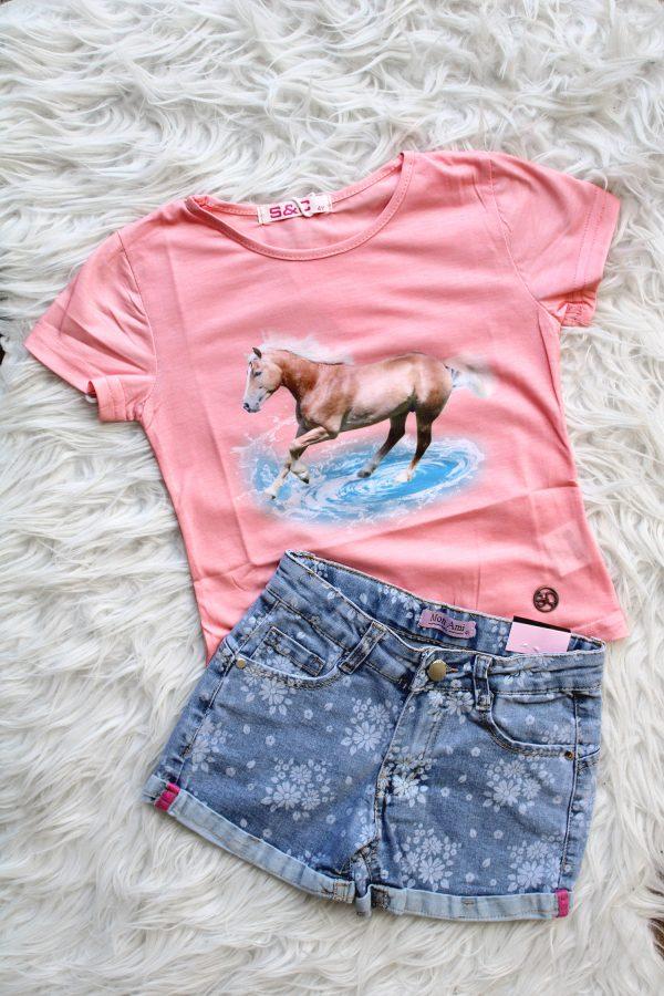 Shirtje Haflingerpaard roze, broekje flowers denim blauw