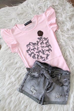 Shirtje ponylove roze, broekje girls denim glitter grijs