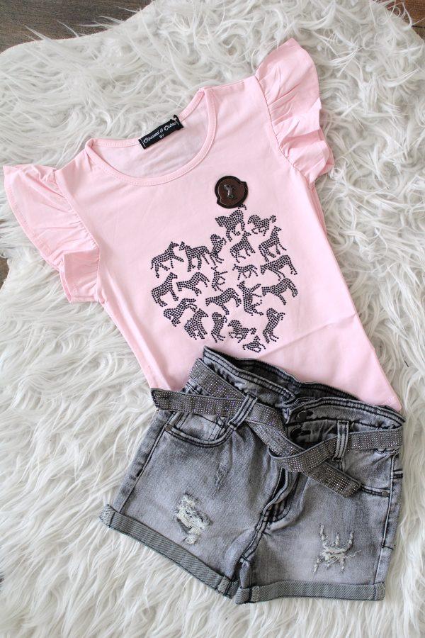 Shirtje ponylove roze, broekje girls denim glitter grijs
