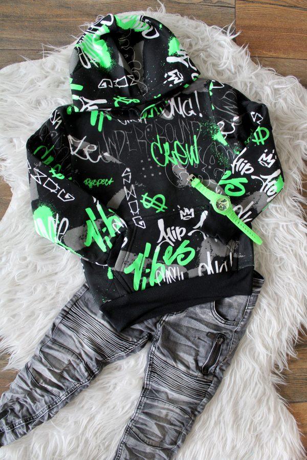 Hoodie Hipboy zwart groen, broekje jeans denim grijs, horloge coolcamo groen