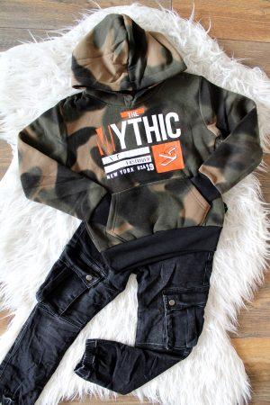 Broekje Jeans Cargo zwart, hoodie camo groen