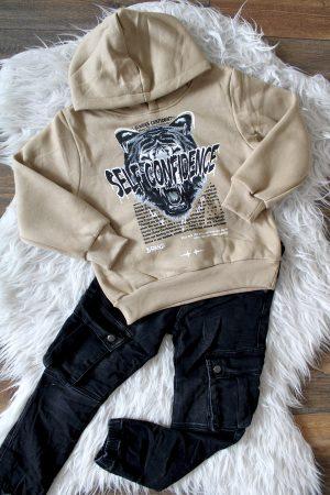 Hoodie Tijger beige, Broekje Jeans Cargo zwart