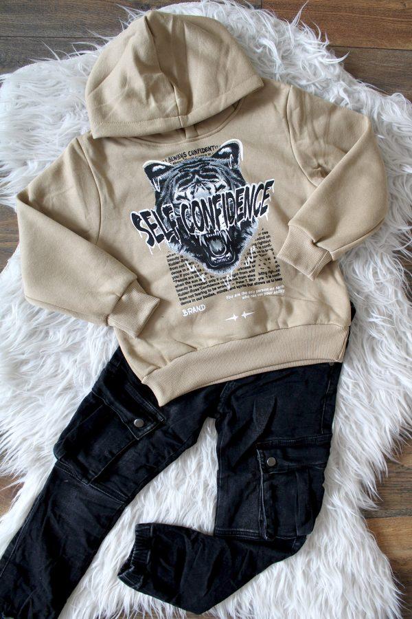 Hoodie Tijger beige, Broekje Jeans Cargo zwart