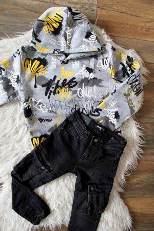 Hoodie hipboy grijs, broekje jeans cargo zwart