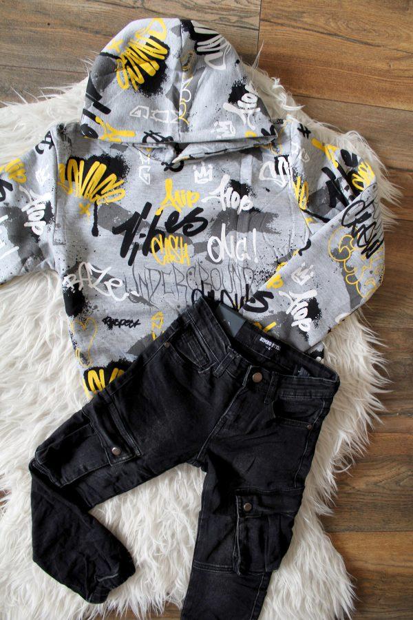 Hoodie hipboy grijs, broekje jeans cargo zwart