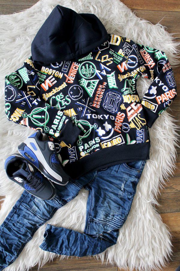 Hoodie city blauw, broekje jeans denim blauw, sneakers coolboy blauw