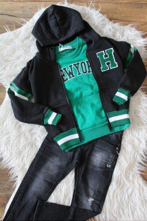 Sweater New York groen, vestje greenstripe zwart, broekje boys denim lang zwart