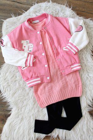 Jurkje Sweaterdress Curcy lichtroze, bombervestje california roze, legging zwart