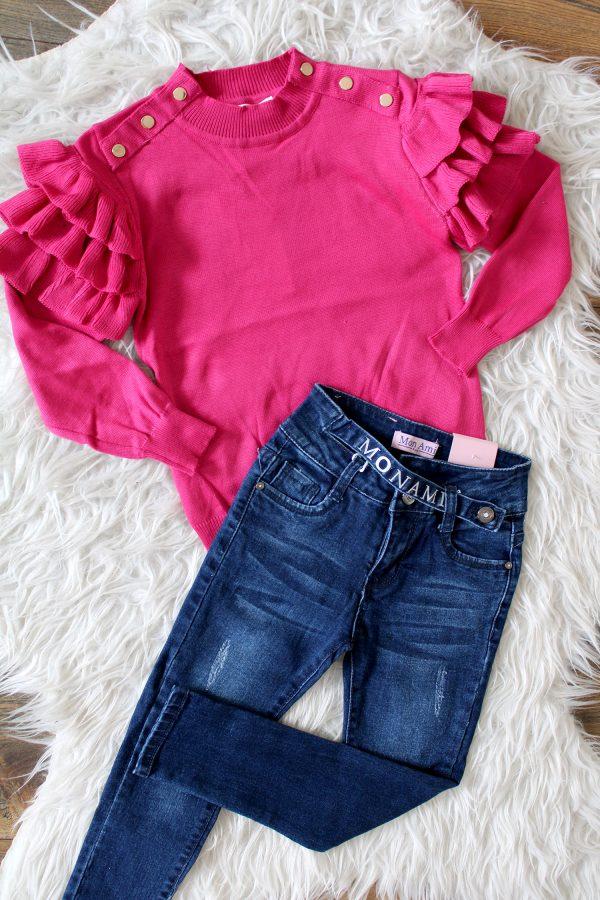 Topje trui Alina fuchsia, broekje denim lang blauw