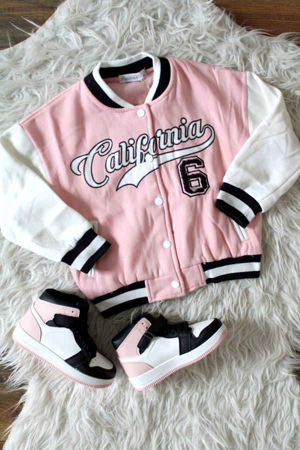 Bombervestje California roze, sneakers roze wit zwart