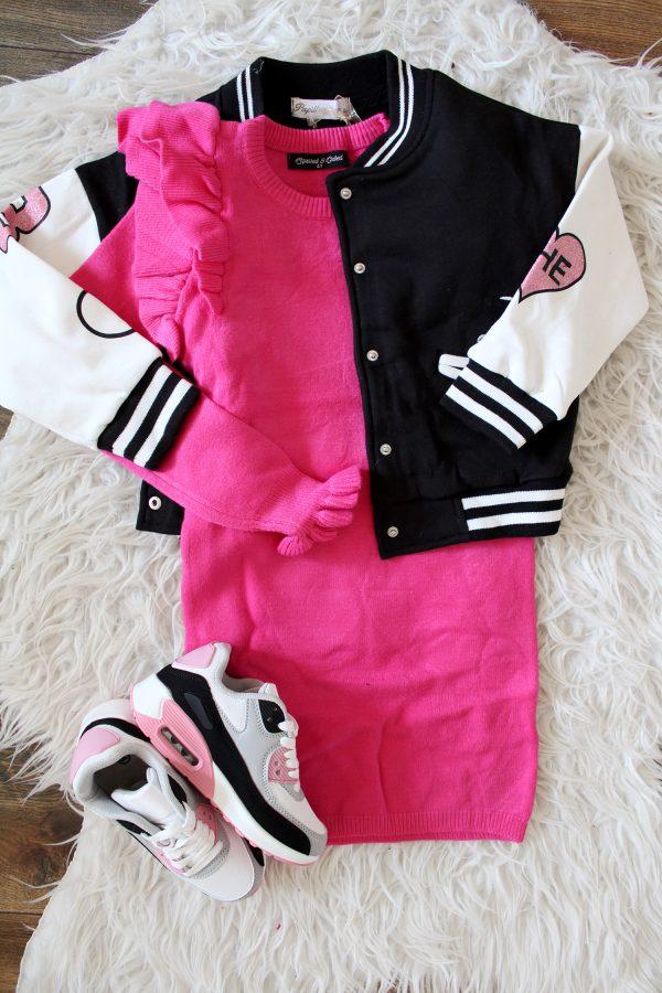 Bombervestje California Limited zwart, sneakers coolchick, Jurkje sweaterdress ruffle fuchsia roze