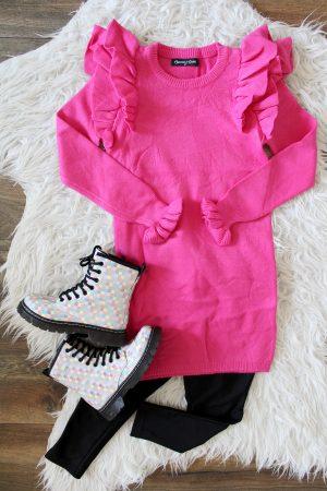 Boots Multicolour, broekje jeans asym blauw, Jurkje sweaterdress ruffle fuchsia roze