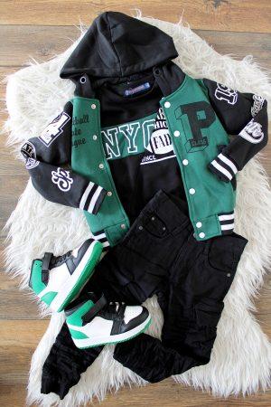 Sweater NY zwart, Sneakers Groen Wit Zwart, Bombervestje Baseball groen zwart, broek cargo jeans zwart